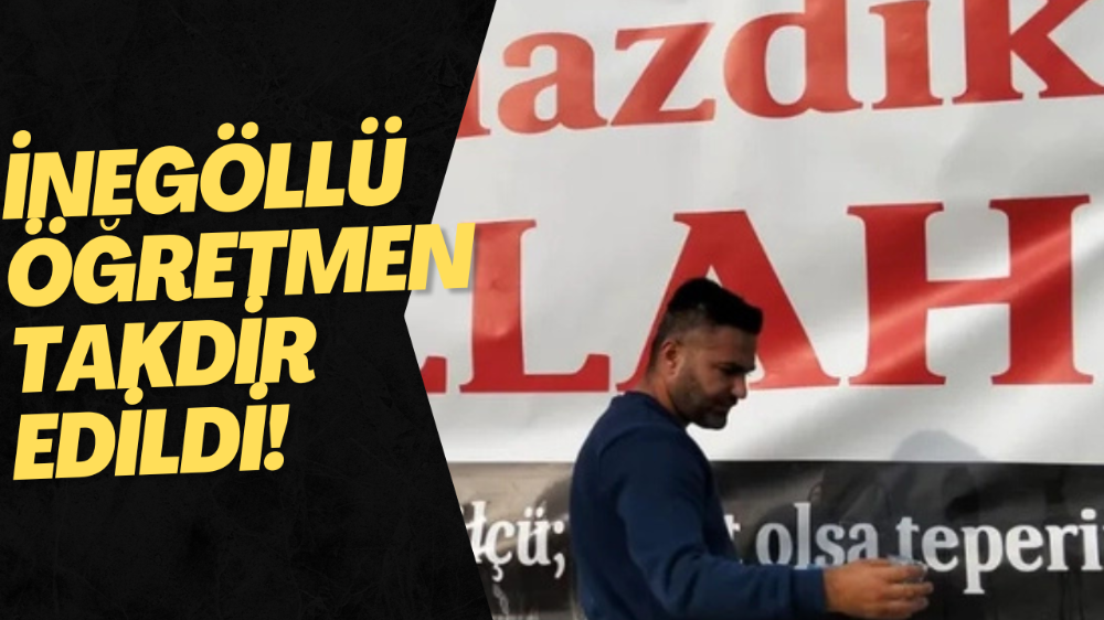 İnegöl’de öğretmenden örnek davranış! Kirlenen pankartı temizleyip mesajı korudu