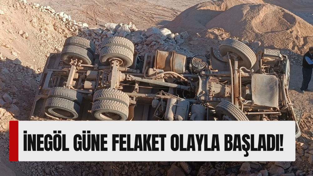 İnegöl’de kontrolden çıkan hafriyat kamyonu devrildi