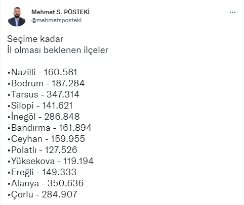 İl Olacak İlçelerin Listesini Paylaştı