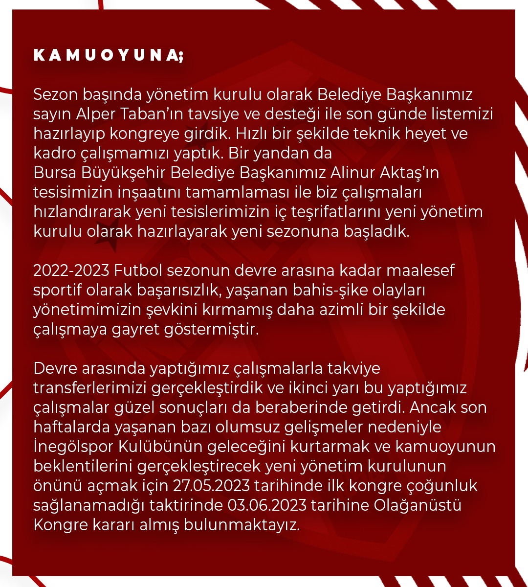 İnegölspor olağanüstü kongre kararı aldı