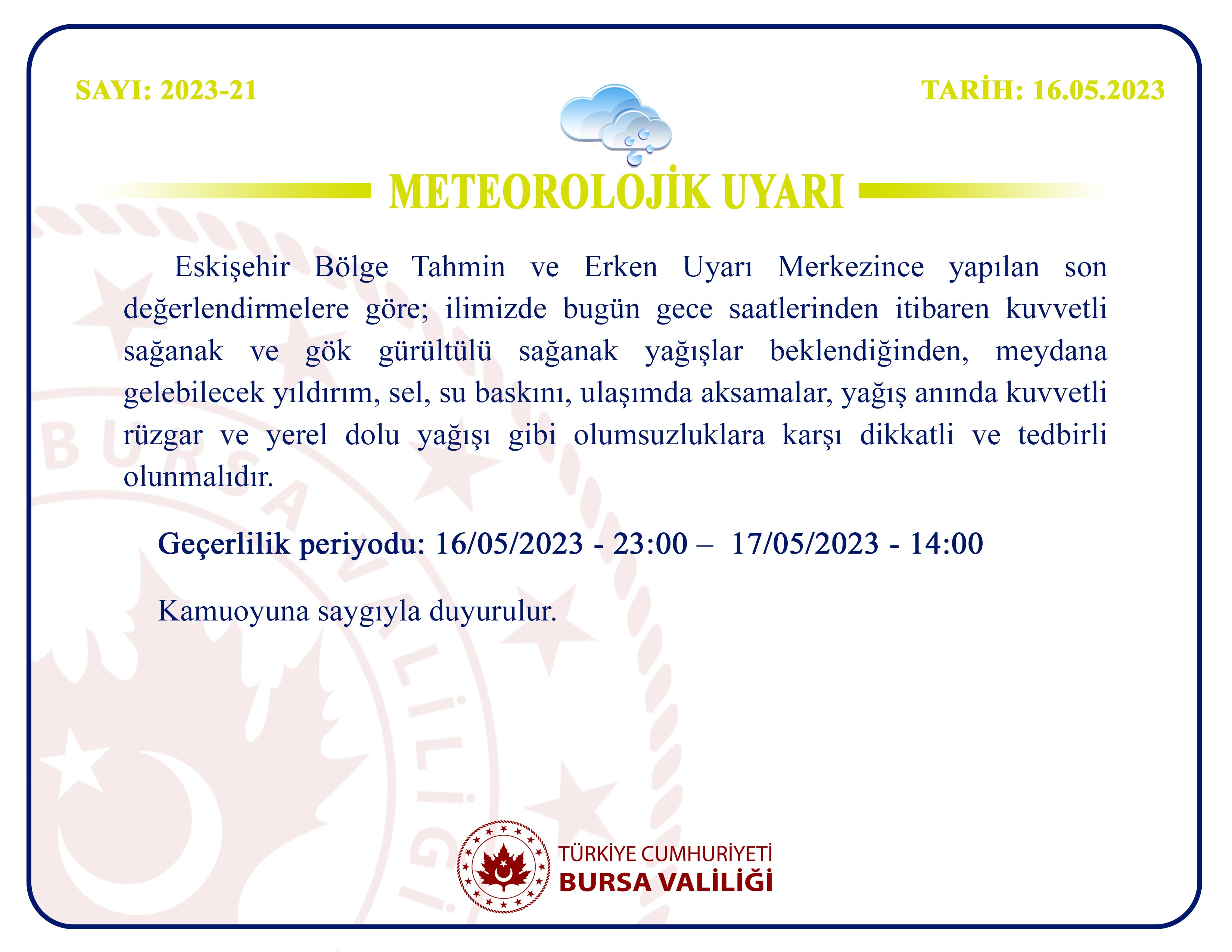 Bursa Valiliği sarı uyarı yaptı !